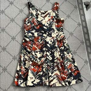 Anthropologie Maeve Dress with Abstract Red, Blue, and Cream Print